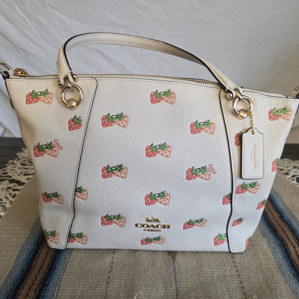 Coach Kacey Satchel with Strawberry Print (Model CB597) in the "Chalk" colorway.